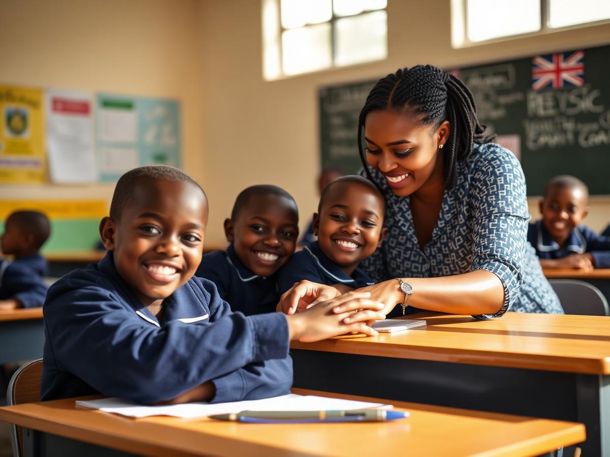 A teacher supporting pupils in class at North Land Schools Kano